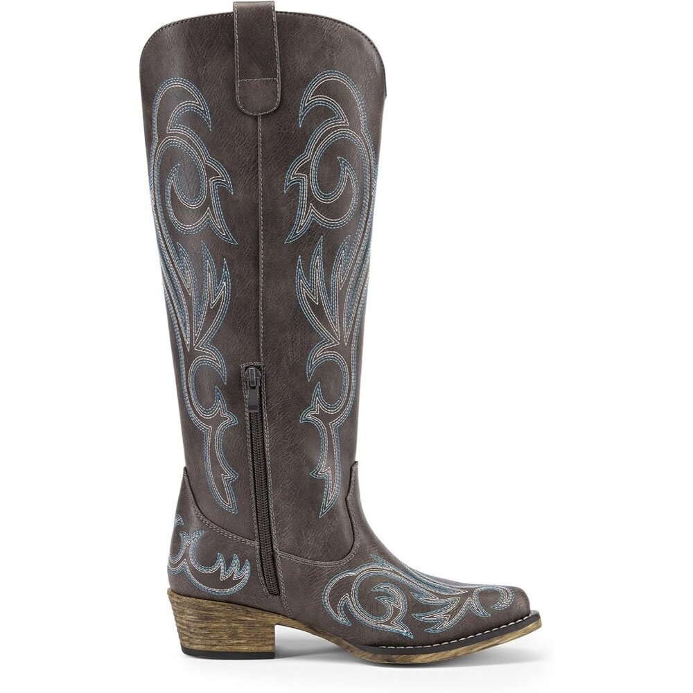Women's Dark Brown Embroidered Cowboy Boots Comfortable Cowgirl Knee High Boots - Picture 4 of 8